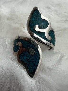 Taxco Sterling 925 Bypass Ring w/ Crushed Turquoise Inlay Size 8.5